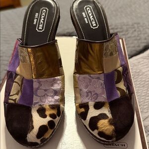 Coach Eva Holiday Purple Patchwork with Leopard Print Mules 8.5